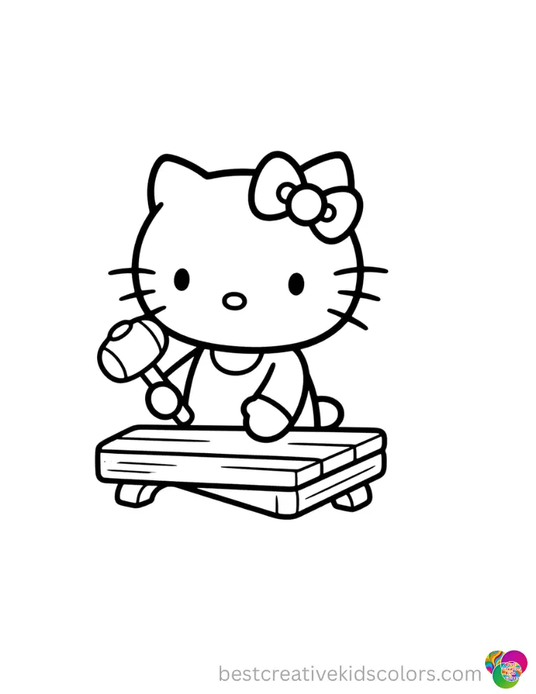 Hello Kitty strikes a wooden xylophone key with a small mallet.