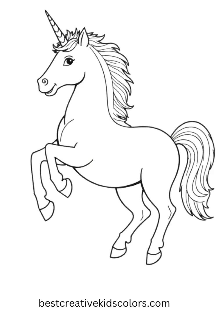 A unicorn prances, mane fluttering in the wind — a realistic and elegant Unicorn Coloring Page to enjoy.
