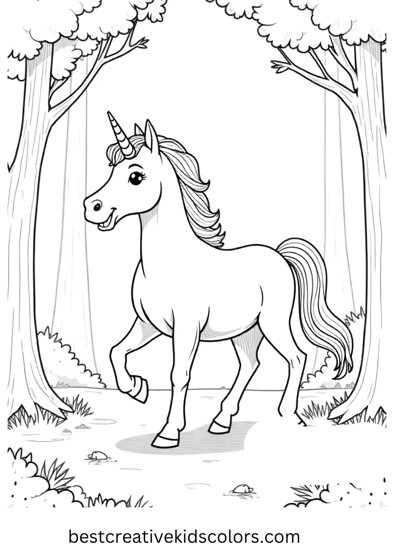 Unicorn Coloring Page with Forest Background
