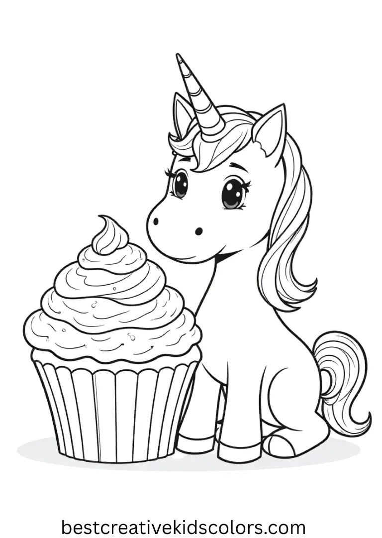 A cheerful unicorn sits beside a giant cupcake — easy-to-color Unicorn Food-Themed Coloring Page for kids.