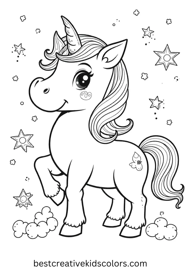 A unicorn surrounded by floating sparkles and tiny fairies — a cute and easy-to-color Magical Unicorn Coloring Page.