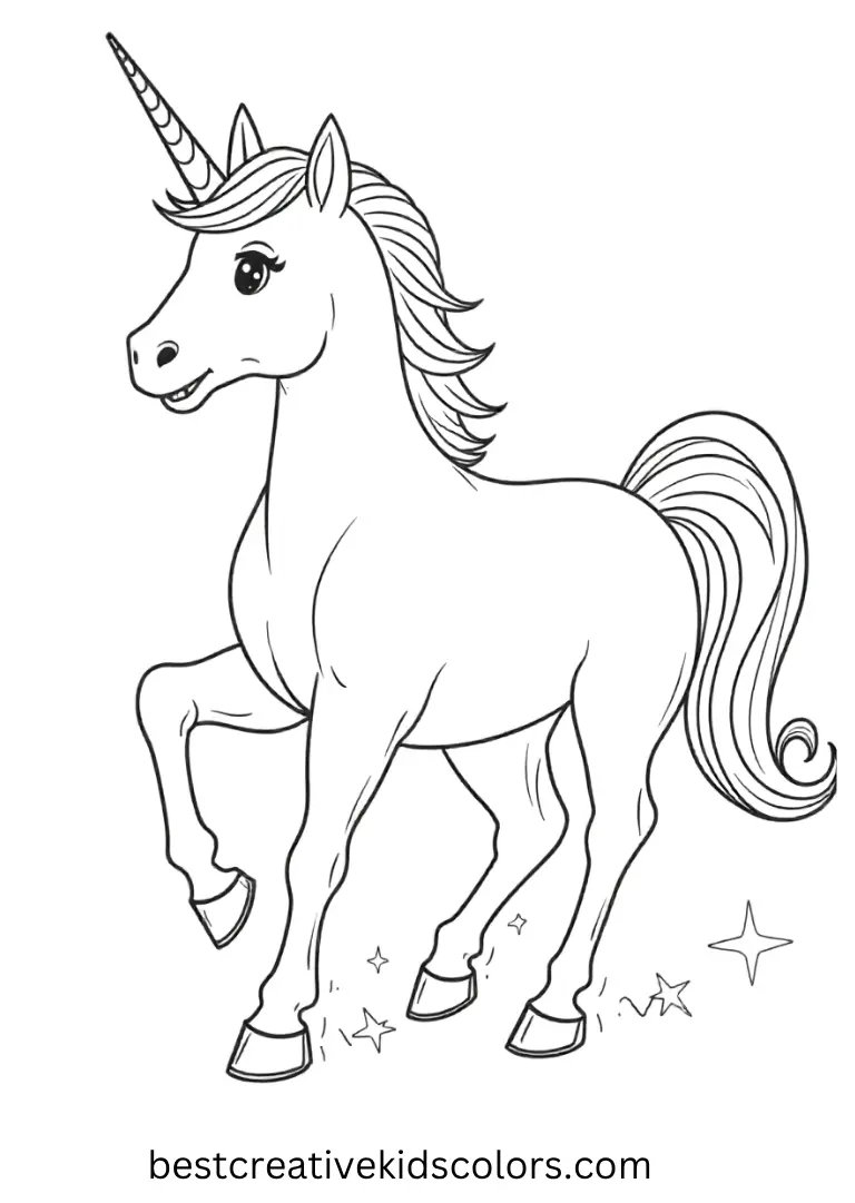A unicorn trots, hooves sparkling subtly — a detailed and easy-to-color Realistic Unicorn Coloring Page.