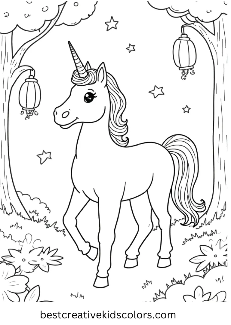 Unicorn Coloring Pages with Fairy Lanterns