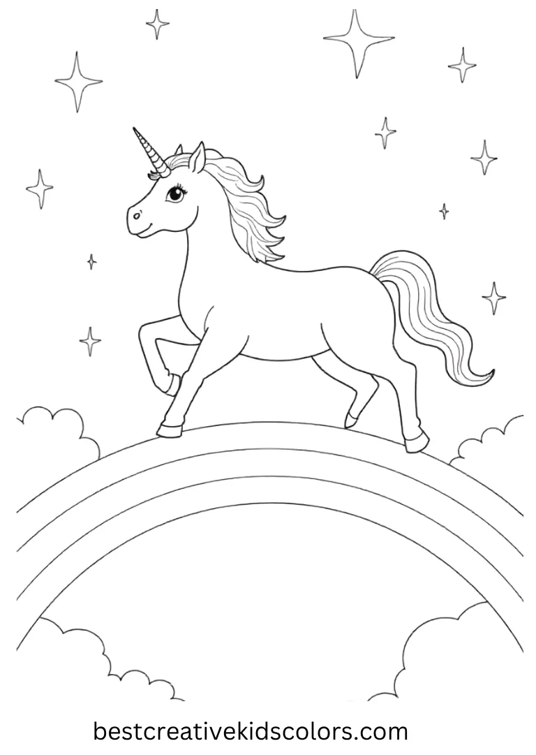 A unicorn prances across a bright rainbow bridge under twinkling stars — an enchanting, clean-outline Unicorn Coloring Page.