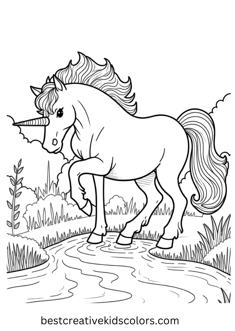 A unicorn drinks from a flowing stream — realistic design with simple outlines for mindful coloring.