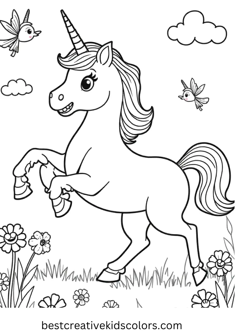 A unicorn frolics in a bright meadow with rainbow flowers and floating fairies — perfect for easy coloring fun.