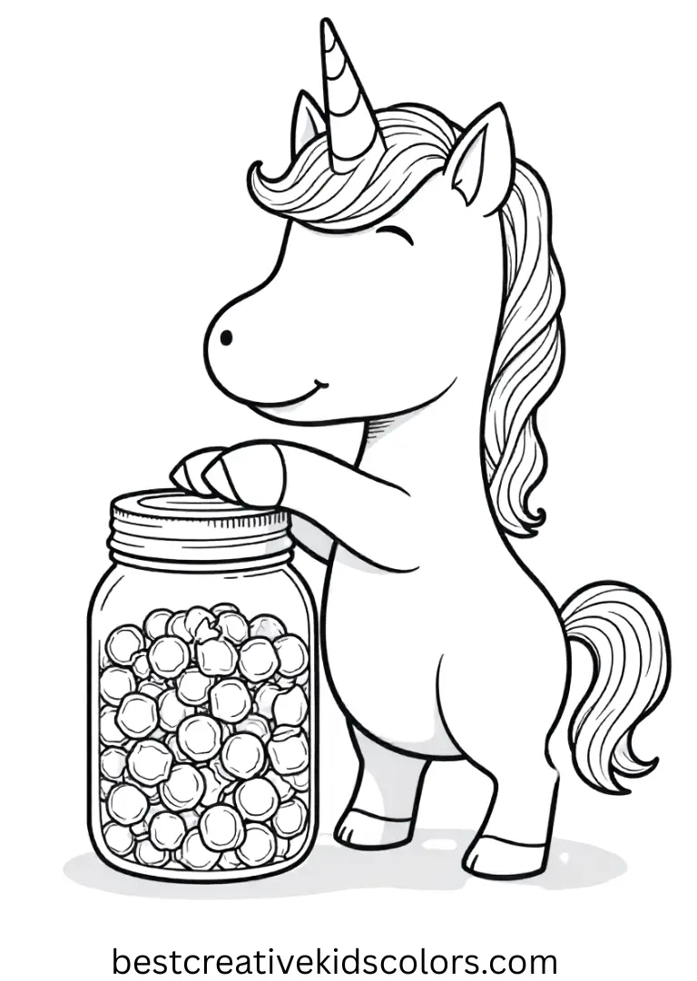A unicorn reaches for a jar full of candy — simple and fun printable Unicorn Food-Themed Coloring Page.