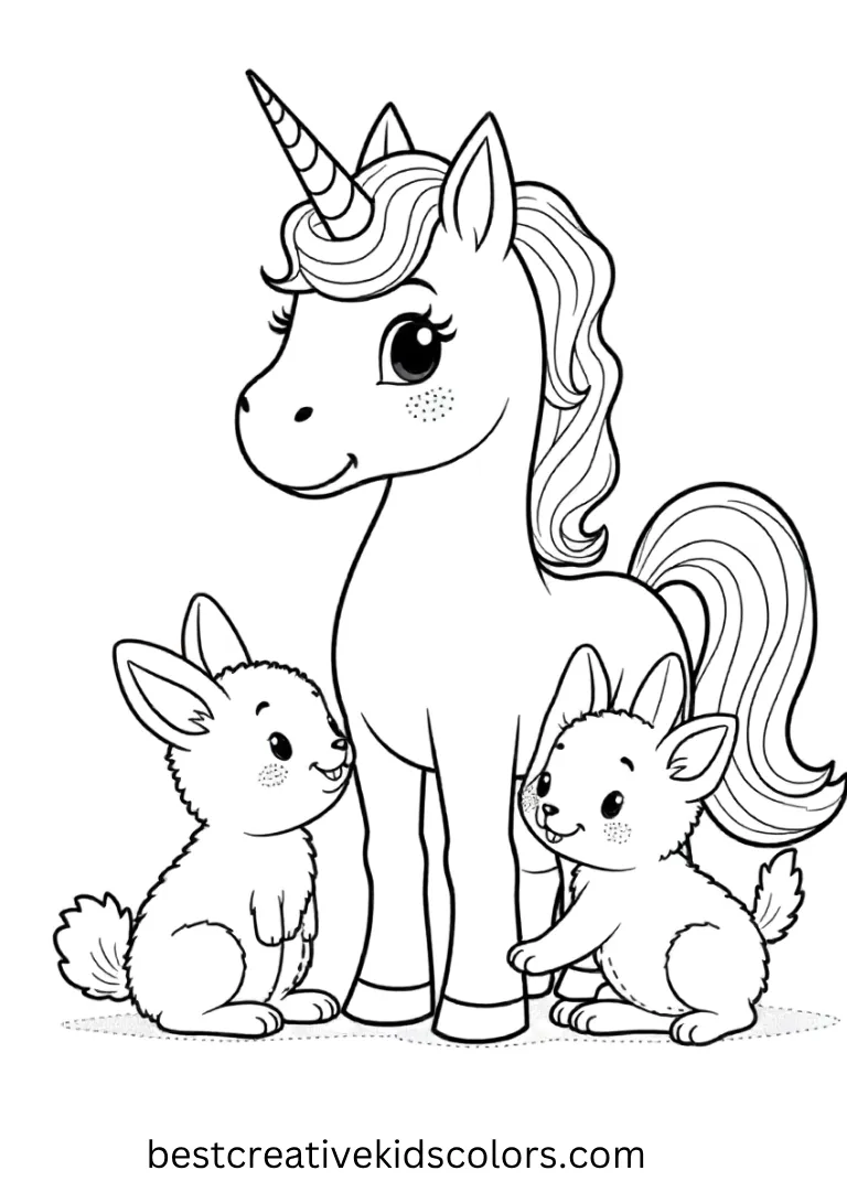 A cheerful unicorn plays with tiny kittens and bunnies — a delightful, kid-friendly Unicorn Coloring Page to enjoy.