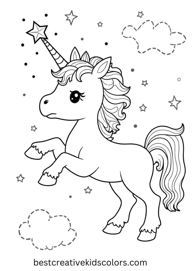 A unicorn waves a sparkling fairy wand, creating stars in the sky — a kid-friendly Magical Unicorn Coloring Page to color.