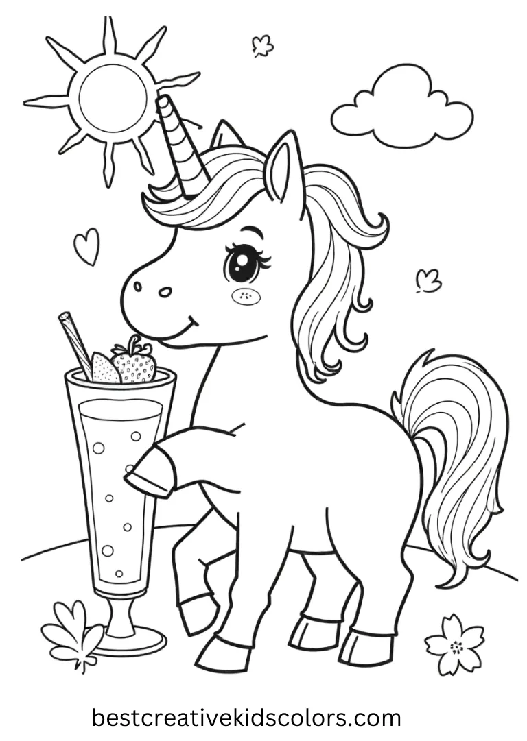 A smiling unicorn sips a strawberry milkshake under sunny skies — an adorable, easy Unicorn Coloring Page for children.
