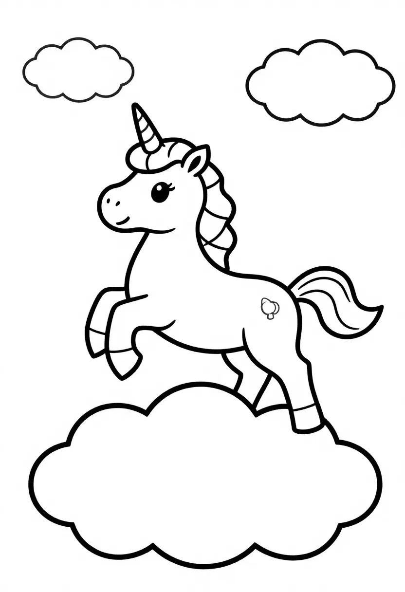 Unicorn Colouring game depicts a unicorn bouncing over giant, floating pastel clouds.