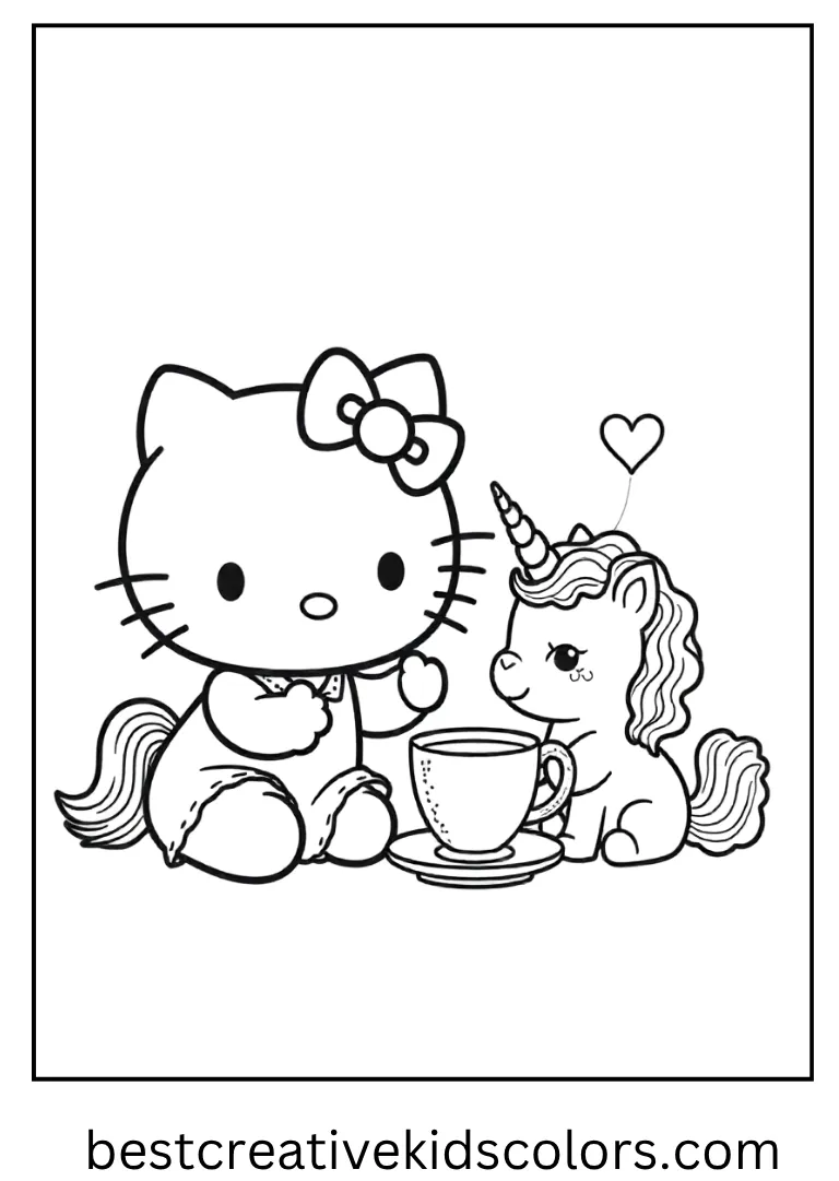 A cute coloring page featuring Hello Kitty sipping tea with a tiny unicorn friend.