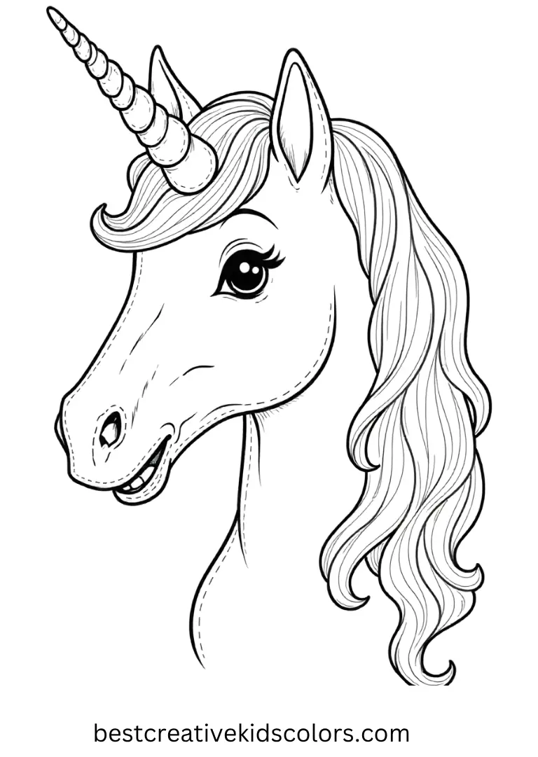 A close-up unicorn portrait with detailed mane and eyes — a calming, printable Realistic Unicorn Coloring Page.
