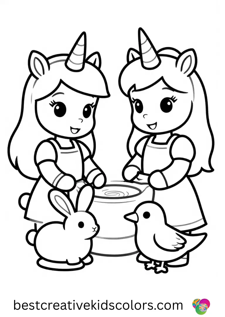 Unicorn Princess colouring pages has princesses rolling clay into shapes for animals.