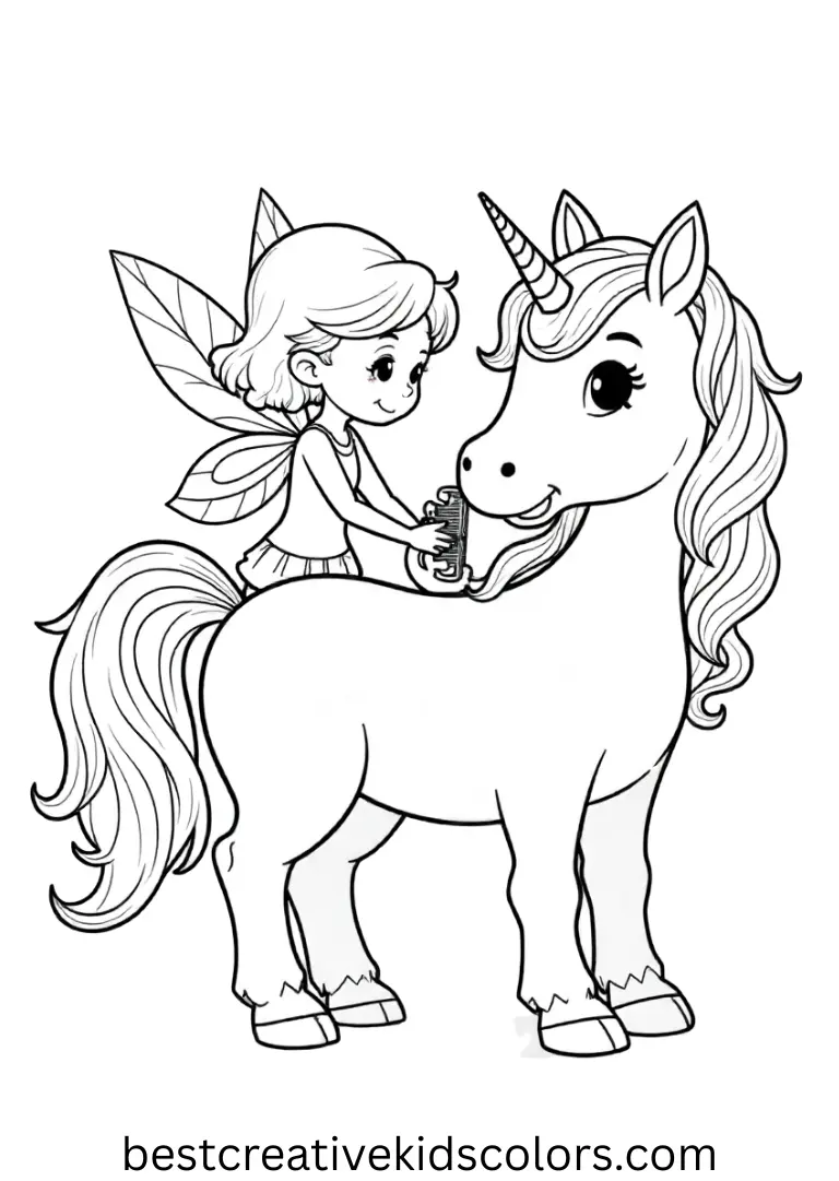 Unicorn and Fairy coloring pages feature a fairy combing a unicorn’s shimmering tail.