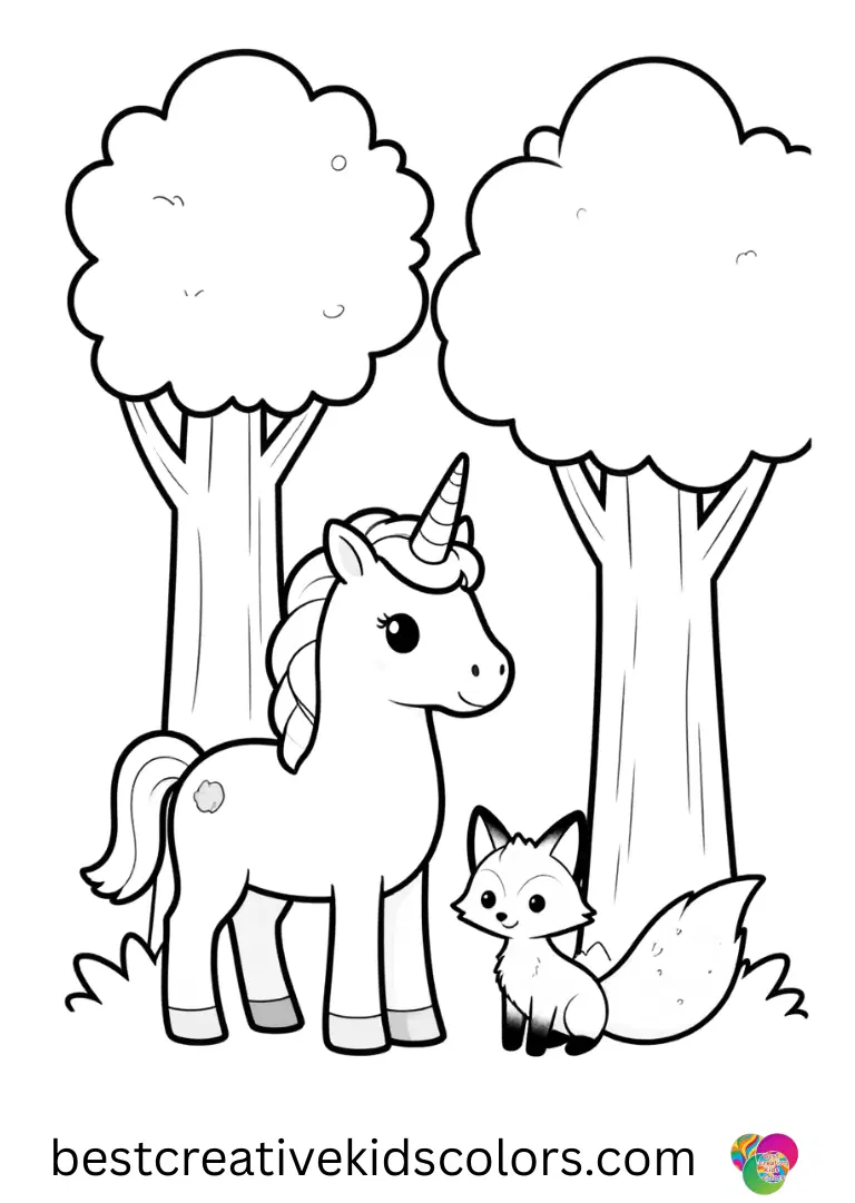 In Unicorn coloring page free printable animals, a unicorn befriends a tiny fox under tall trees.