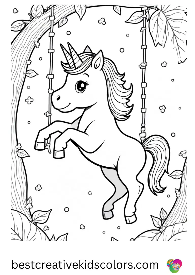 A unicorn swings gently on enchanted vines in this Unicorn coloring page free printable Disney-style scene.