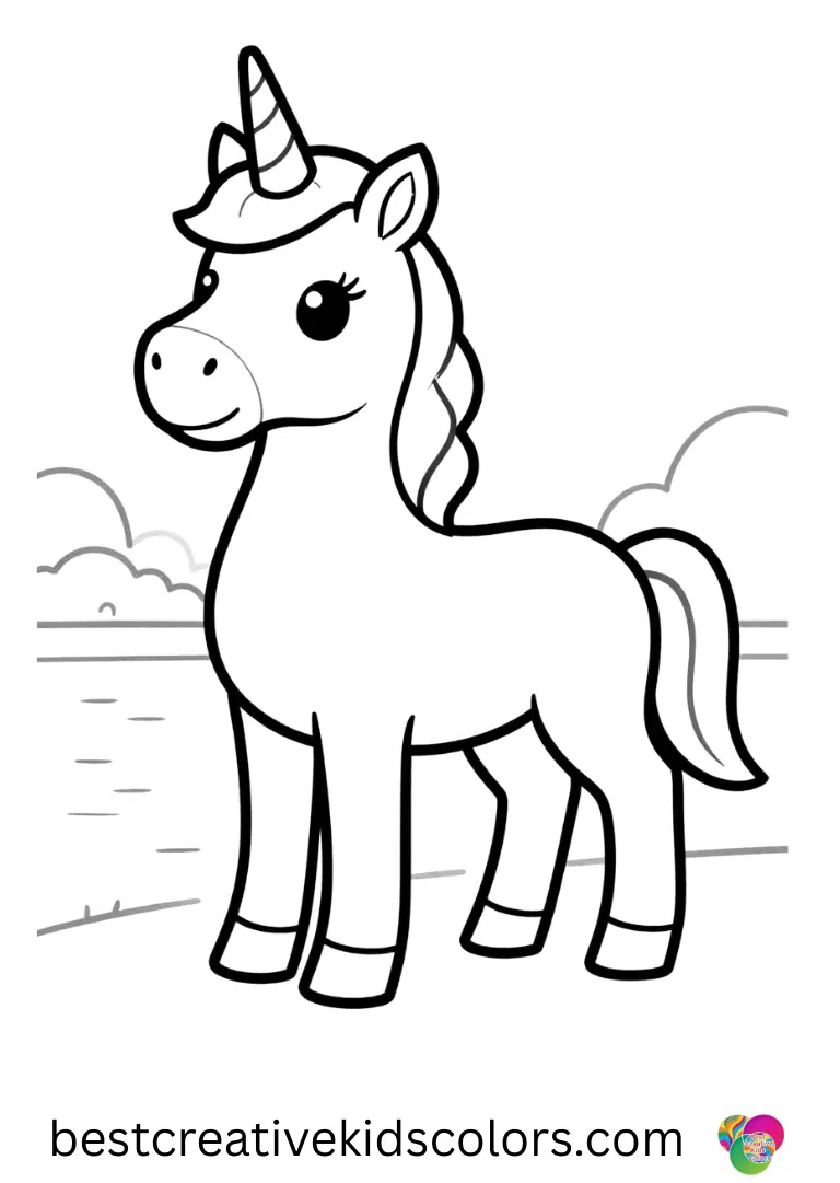 Unicorn coloring page free printable for adults shows a regal unicorn gazing across a serene lake.