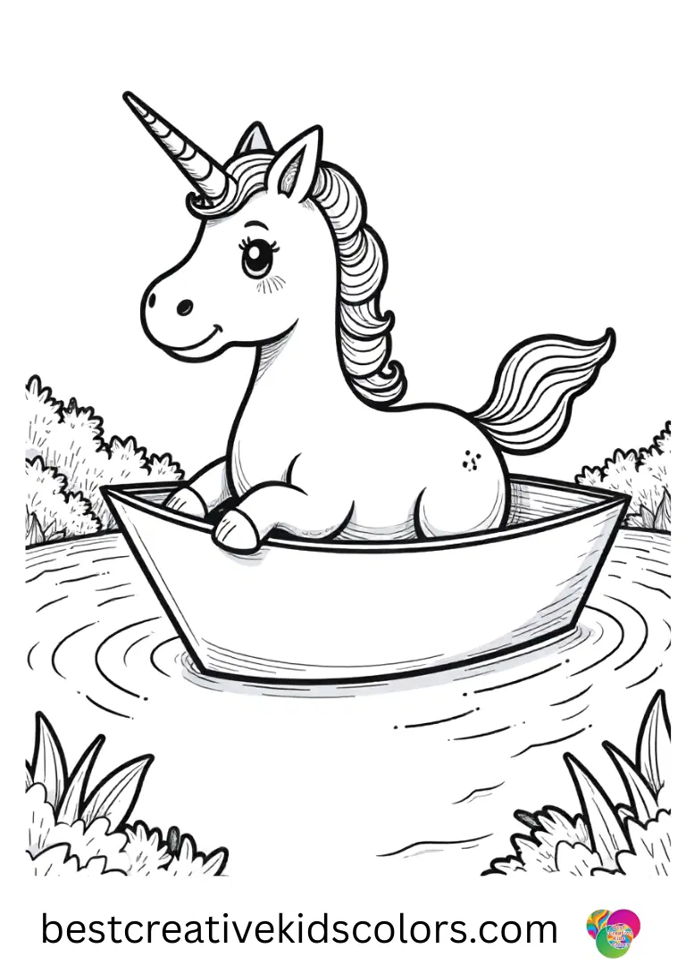 Unicorn coloring pages Easy depict a unicorn sailing a paper boat along a sparkling stream