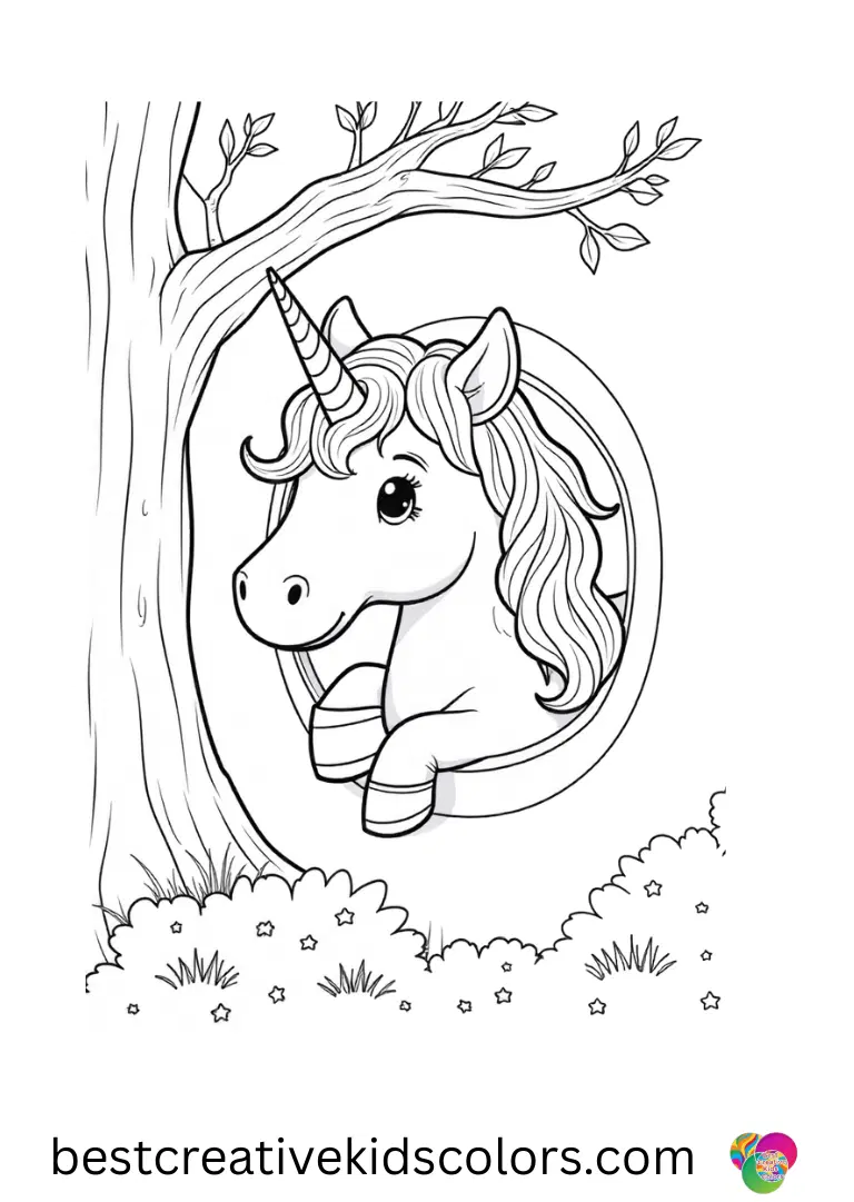 Unicorn colouring free download shows a unicorn peeking through a magical treehouse window.