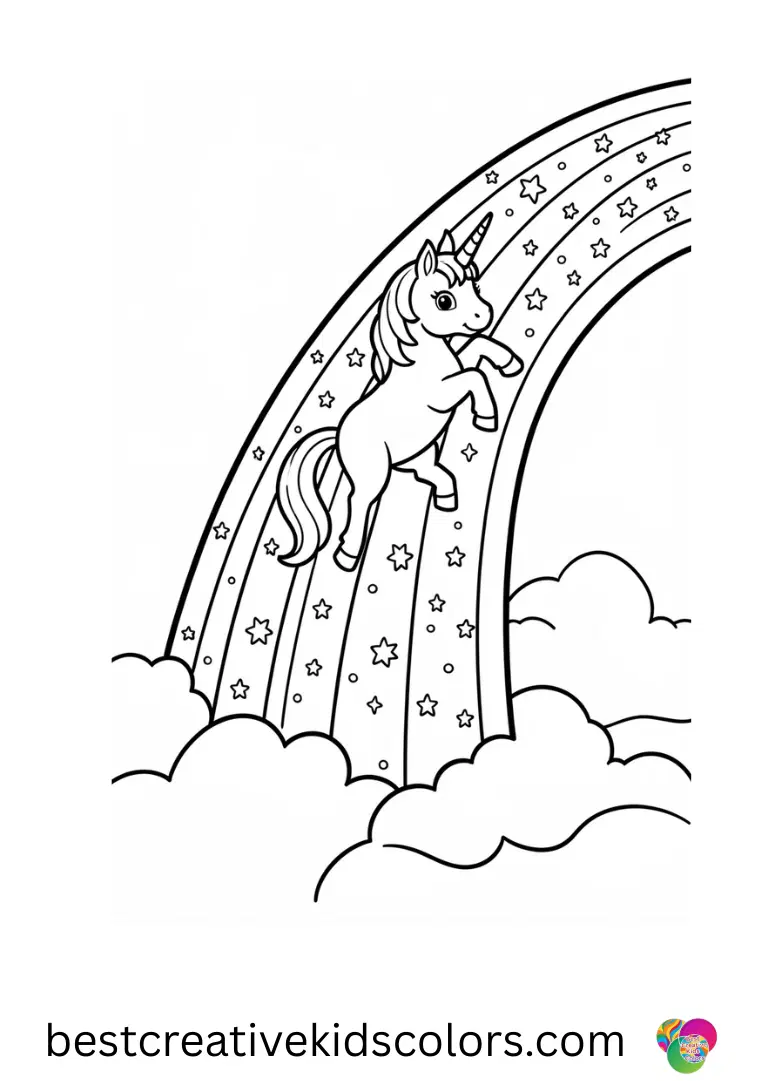 Unicorn colouring printable shows a unicorn sliding down a sparkling rainbow waterfall.