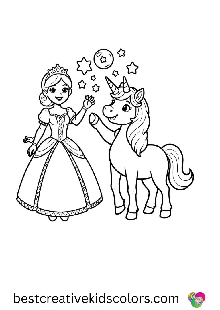 Unicorn drawing Easy features a unicorn catching floating star-shaped bubbles in a calm sky.