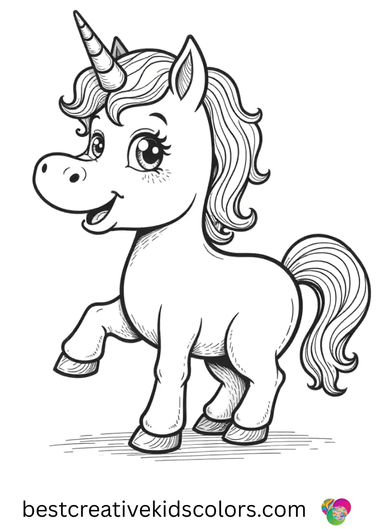 Kids can enjoy Unicorn drawing pictures featuring a playful unicorn sketching on a giant blank canvas.