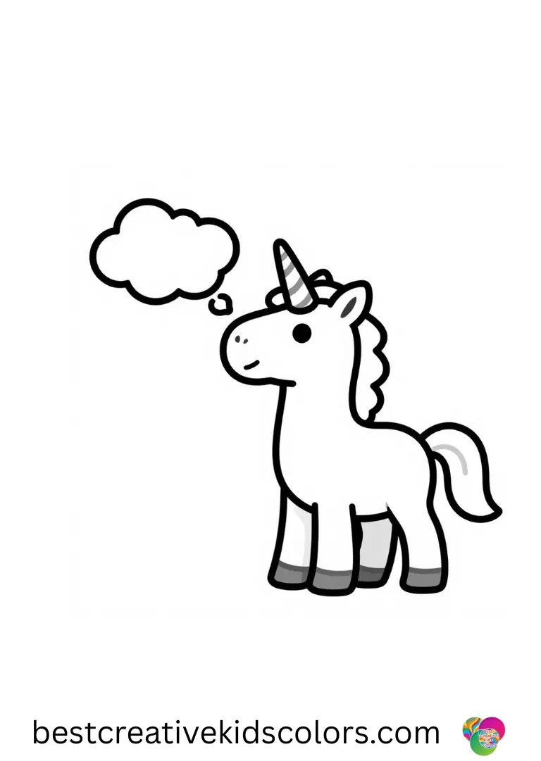 A unicorn drawing with colour shows a unicorn painting colorful clouds with its magic horn.