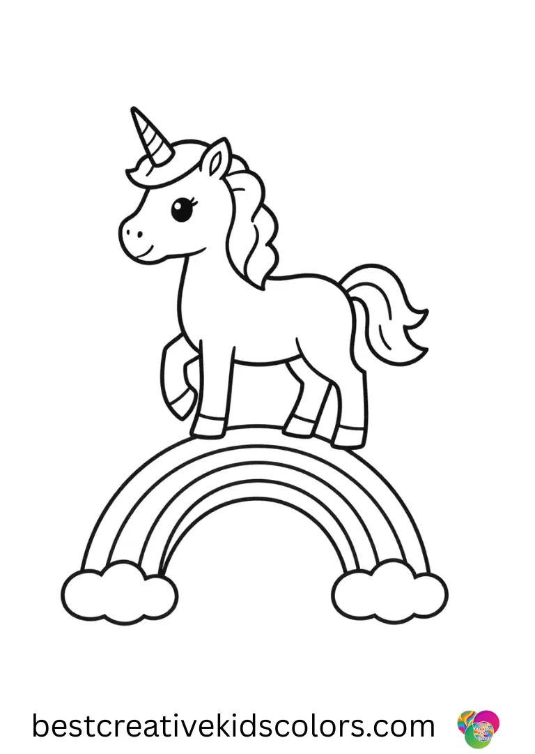 A unicorn drawing without colour for kids depicts a unicorn balancing on a sparkling rainbow beam.