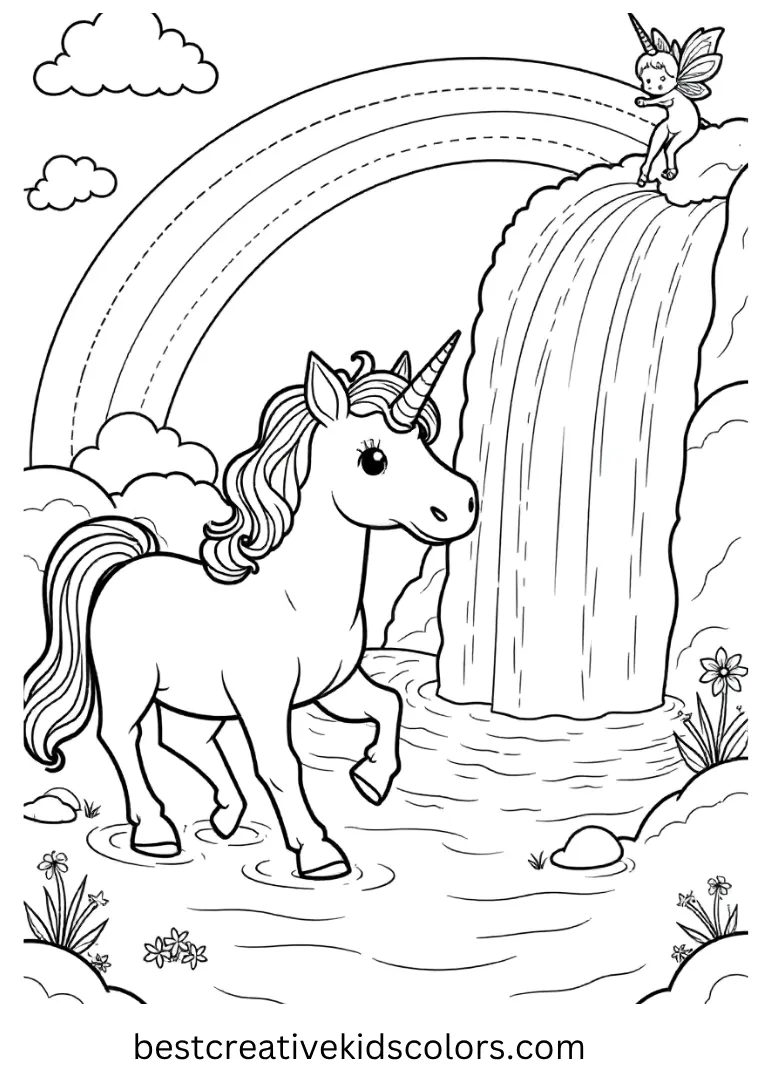 A unicorn rests beside a rainbow waterfall with playful fairies nearby — a charming printable unicorn sheet for children.