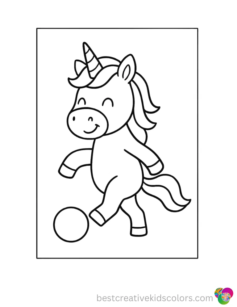A smiling unicorn inside Unicorn pictures to print and colour easy kicks a small red ball.
