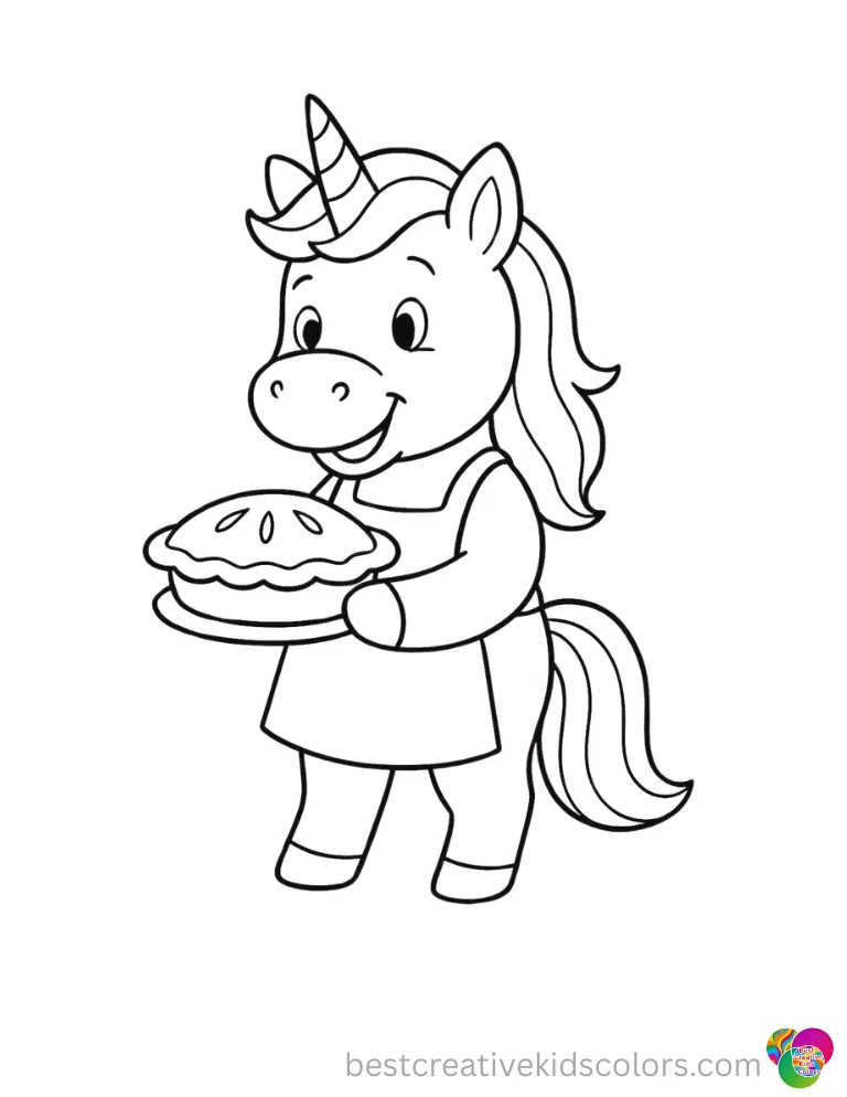 Unicorn pictures to print and colour pdf shows a happy unicorn baking a fresh apple pie.