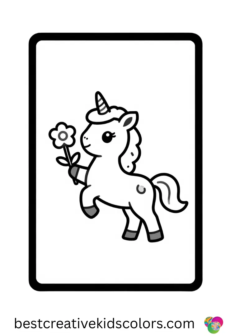 Unicorn with flowers coloring page depicts a unicorn arranging glowing flowers in a whimsical garden.