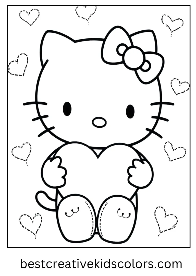 Valentine Hearts Hello Kitty Festive Page Hello Kitty smiles while holding a big heart surrounded by tiny hearts kids can fill with color.