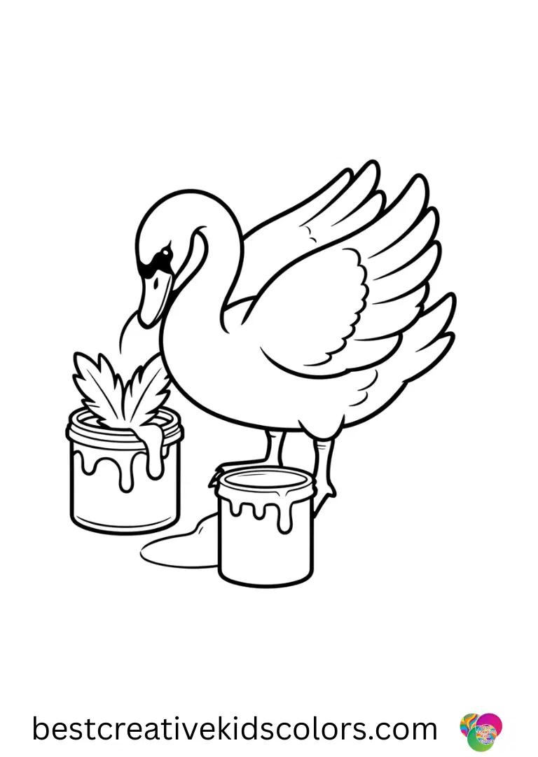 Valentines Day Coloring Pages for Adults features a swan dipping white feathers into paint jars.