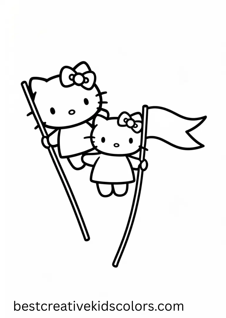 A kitty pinning paper flags to thin twigs appears in Valentines Day coloring pages Hello Kitty.