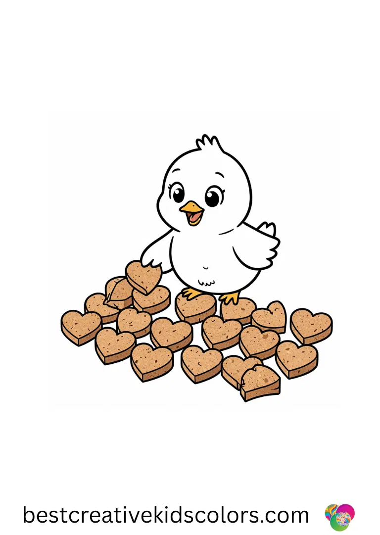 Valentines coloring pages simple shows a chick sorting cork hearts into neat rows.