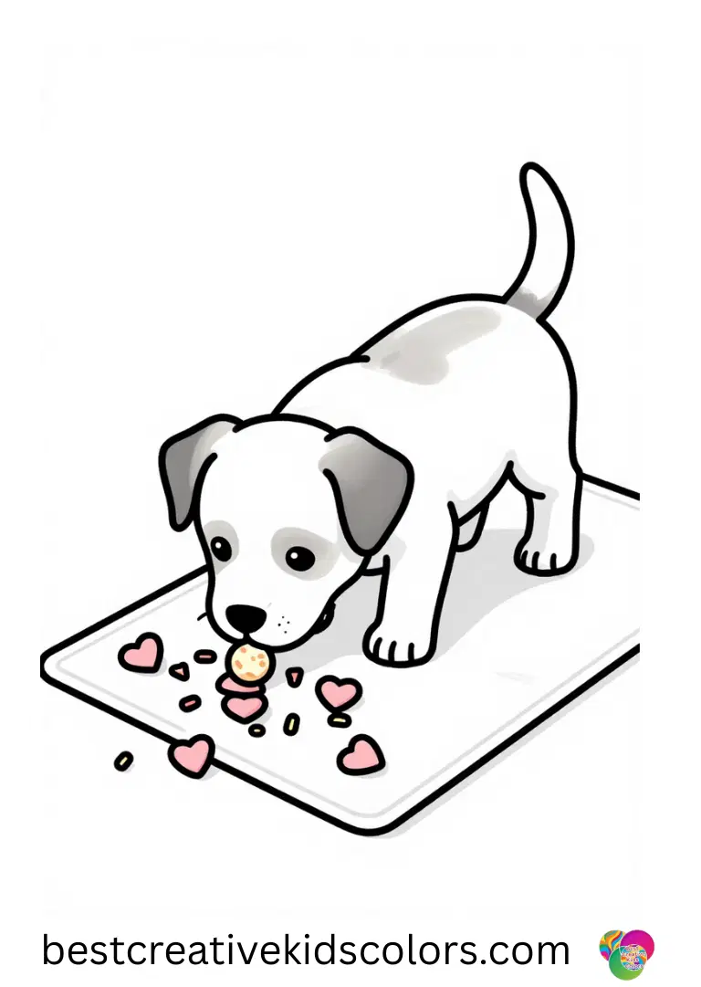  A puppy sniffing sprinkled sugar hearts on a mat appears in Valentines day coloring pages free.