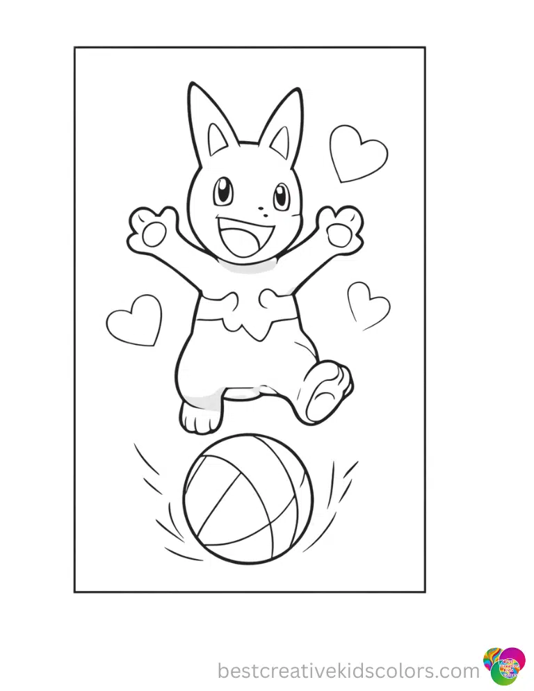 A Pokemon bounces a striped rubber ball happily in Valentine's day pokemon coloring pages printable.