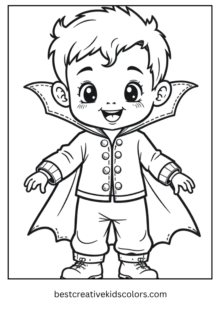 A little vampire smiles and shows friendly fangs.