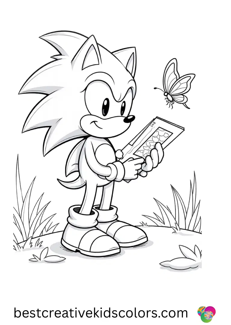 Vector Sonic coloring pages features Sonic sketching shapes while watching a butterfly land.