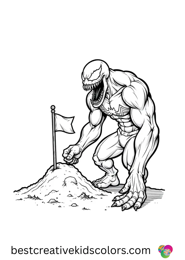 Venom calmly planting a small flag on a tiny sand mound is shown in Venom: Let There Be Carnage.