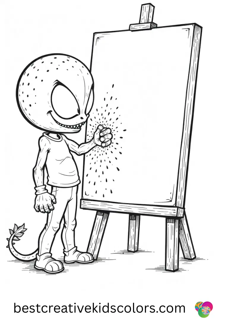 A blank canvas on an easel is being filled with dots as Venom Original Art guides the simple scene.
