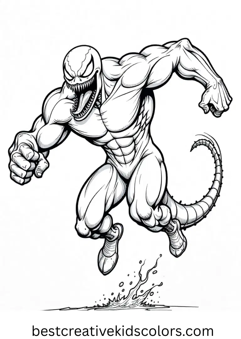 Venom jumps forward dramatically, ready for action in a scene designed for Venom coloring pages pdf.