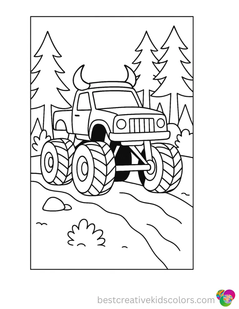 A horned truck moves through forest paths. Minimal obstacles make coloring simple.