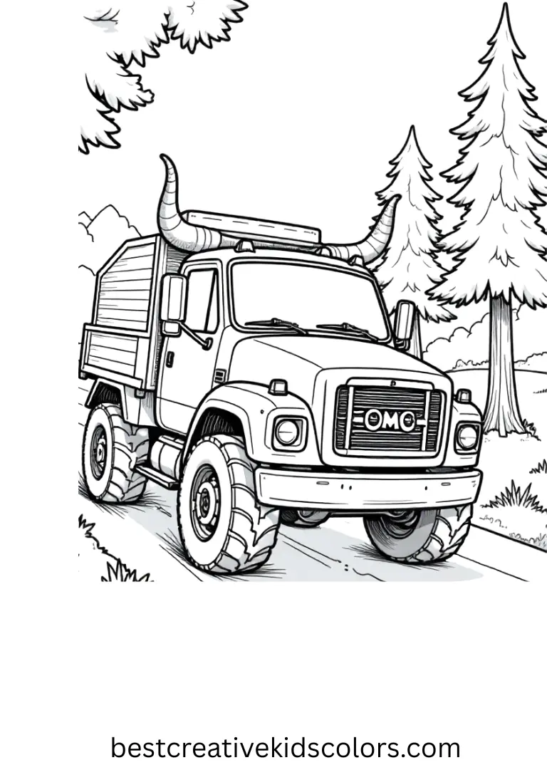 A horned truck drives through forest paths. Minimal obstacles keep coloring stress-free.