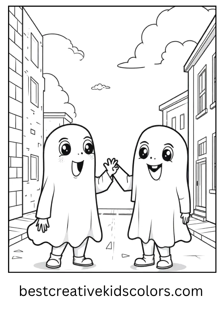 Will and Eleven Ghost Adventure Coloring Page They spot funny ghosts flying over the street.