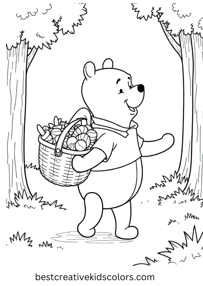Winnie the Pooh Coloring Page – Pooh Carrying a Basket of Treats Pooh walks through the forest with a basket full of holiday goodies.