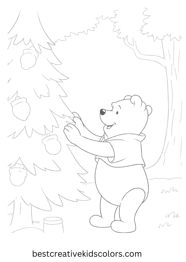 Winnie the Pooh Coloring Pages – Pooh Decorating the Christmas Tree Pooh hangs ornaments carefully while enjoying the festive forest scene.
