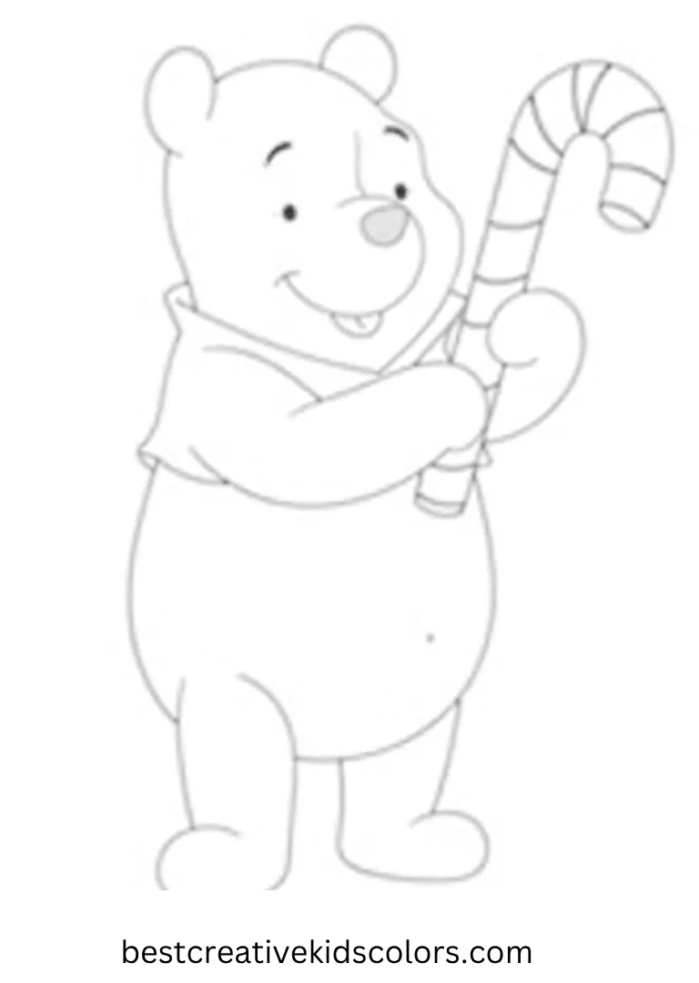 Winnie the Pooh Digital Coloring Pages – Pooh Holding a Candy Cane Pooh holds a striped candy cane, enjoying a festive moment.